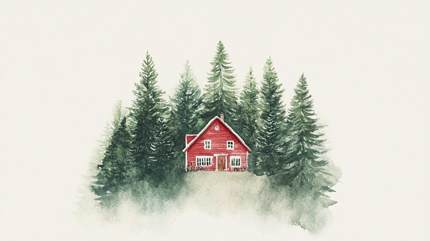 A cozy red house in a pine forest