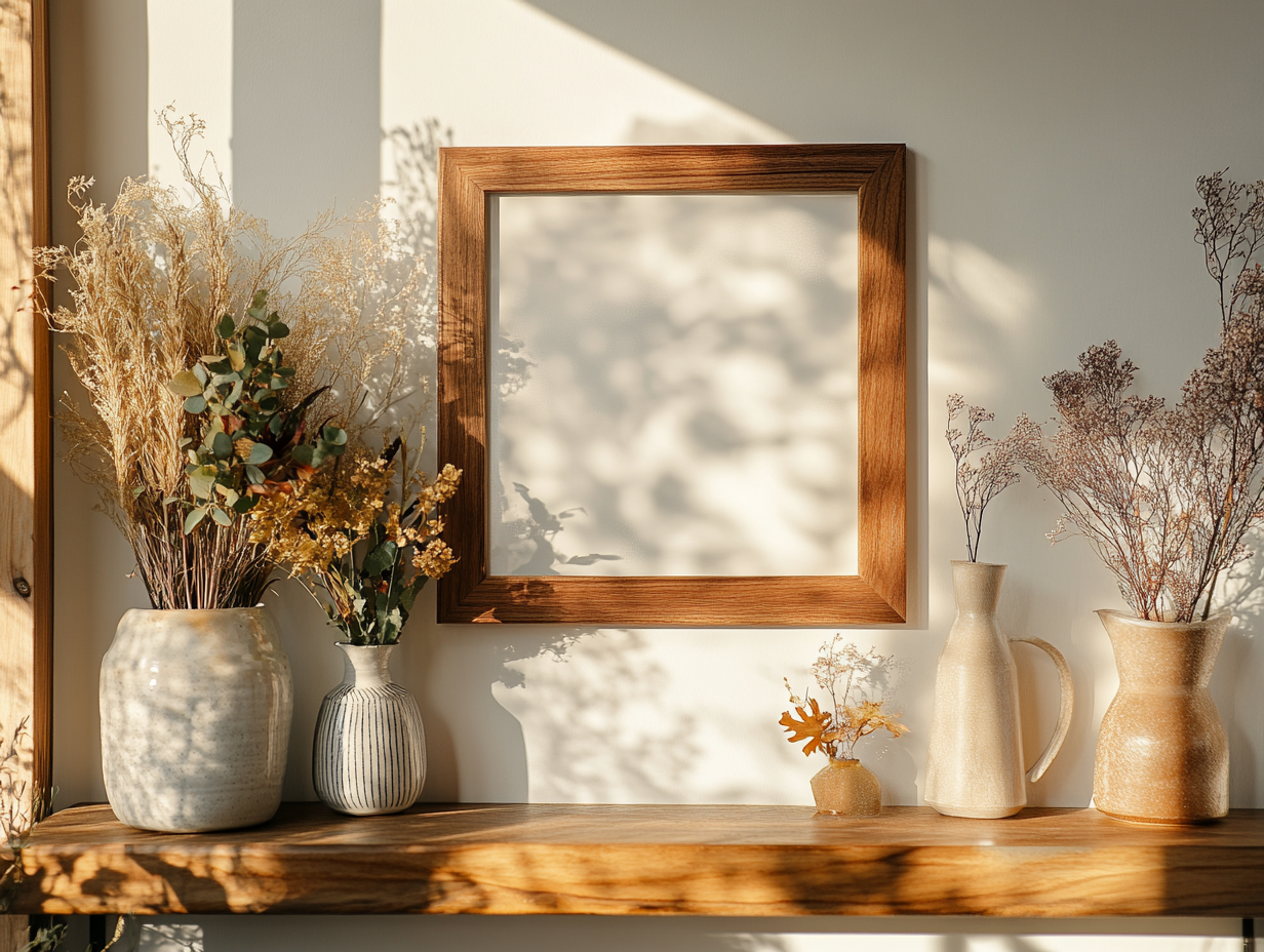 A cozy room with decorations and picture frames