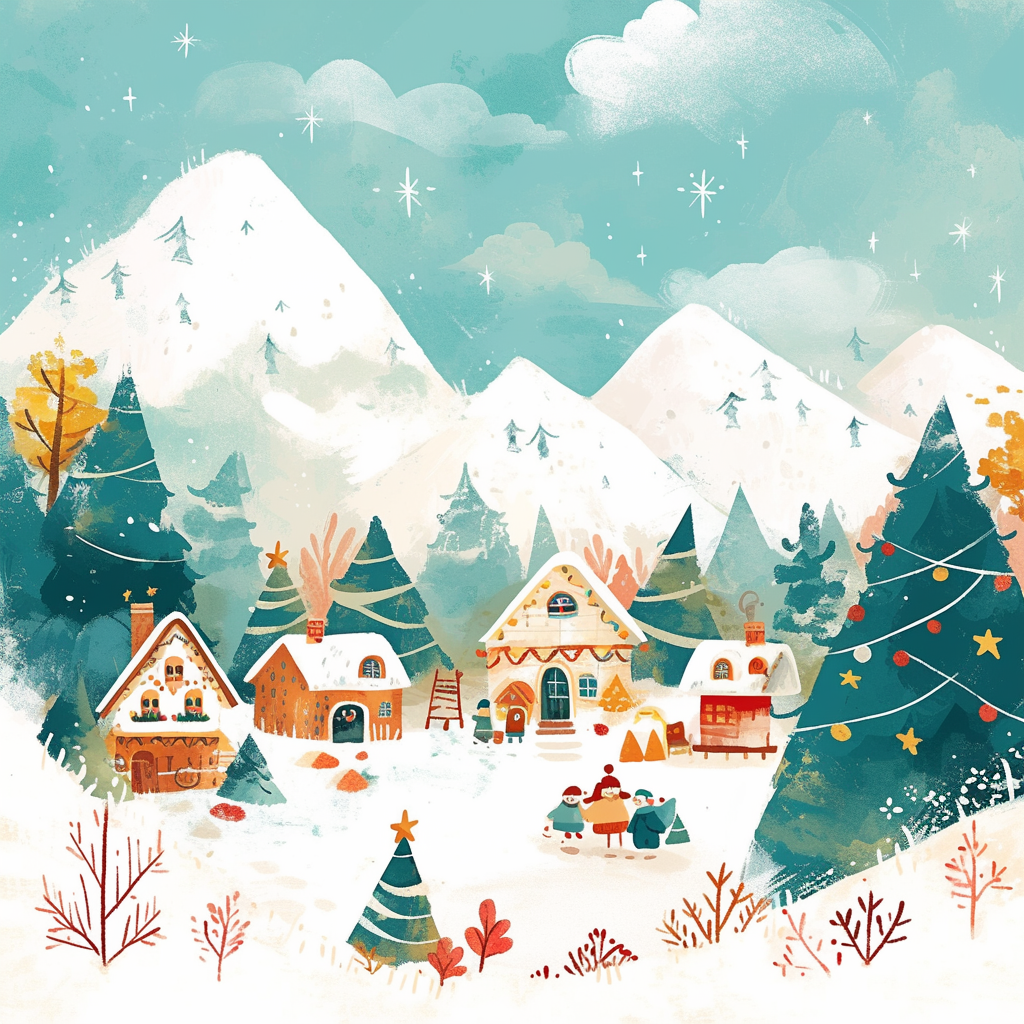 A cozy snow-covered village with Christmas decorations