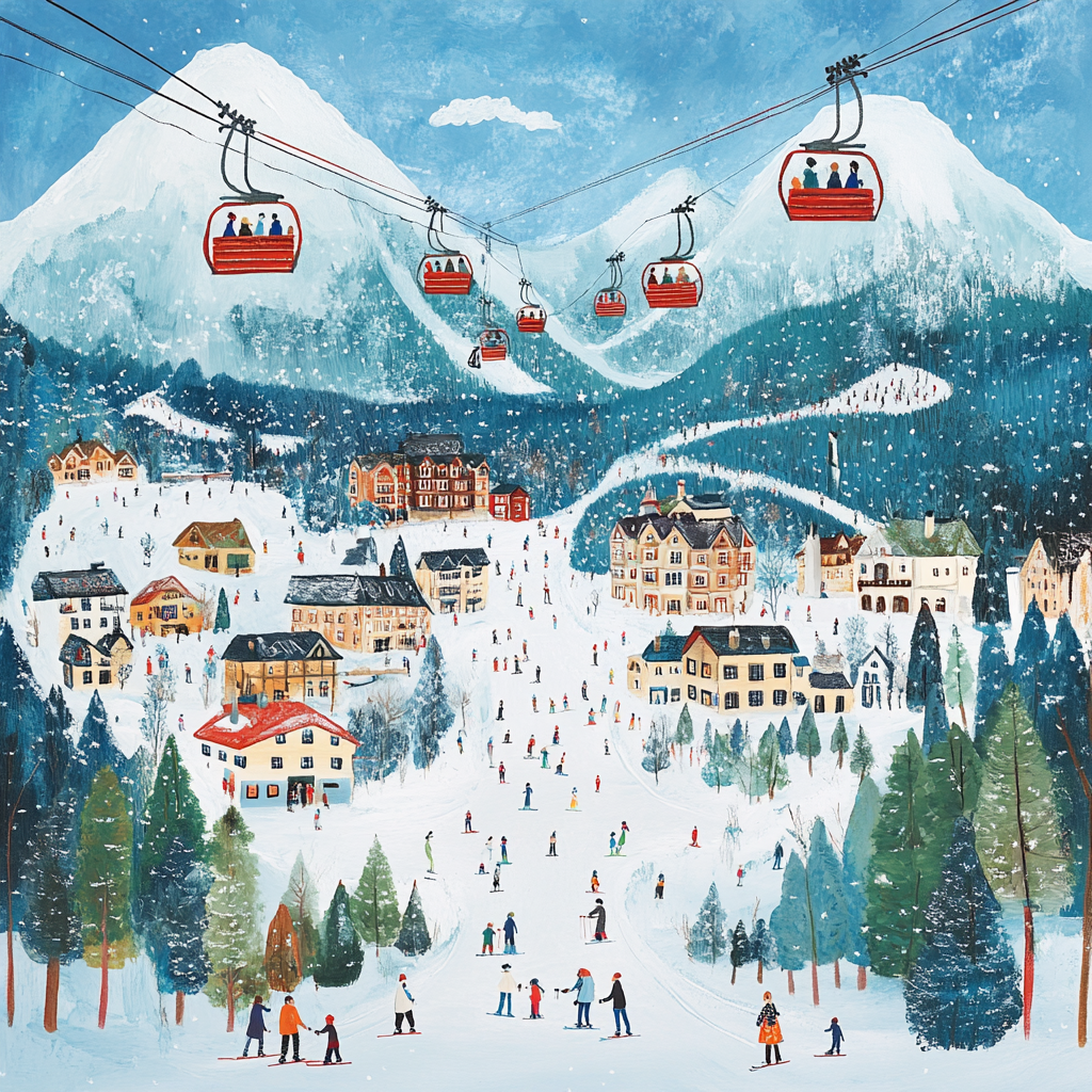 A cozy town in the mountains with skiers and families.