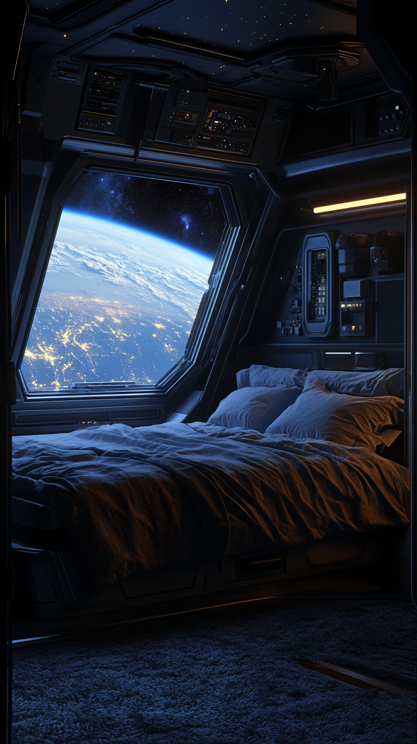 A cozy unmade bed in futuristic space station.