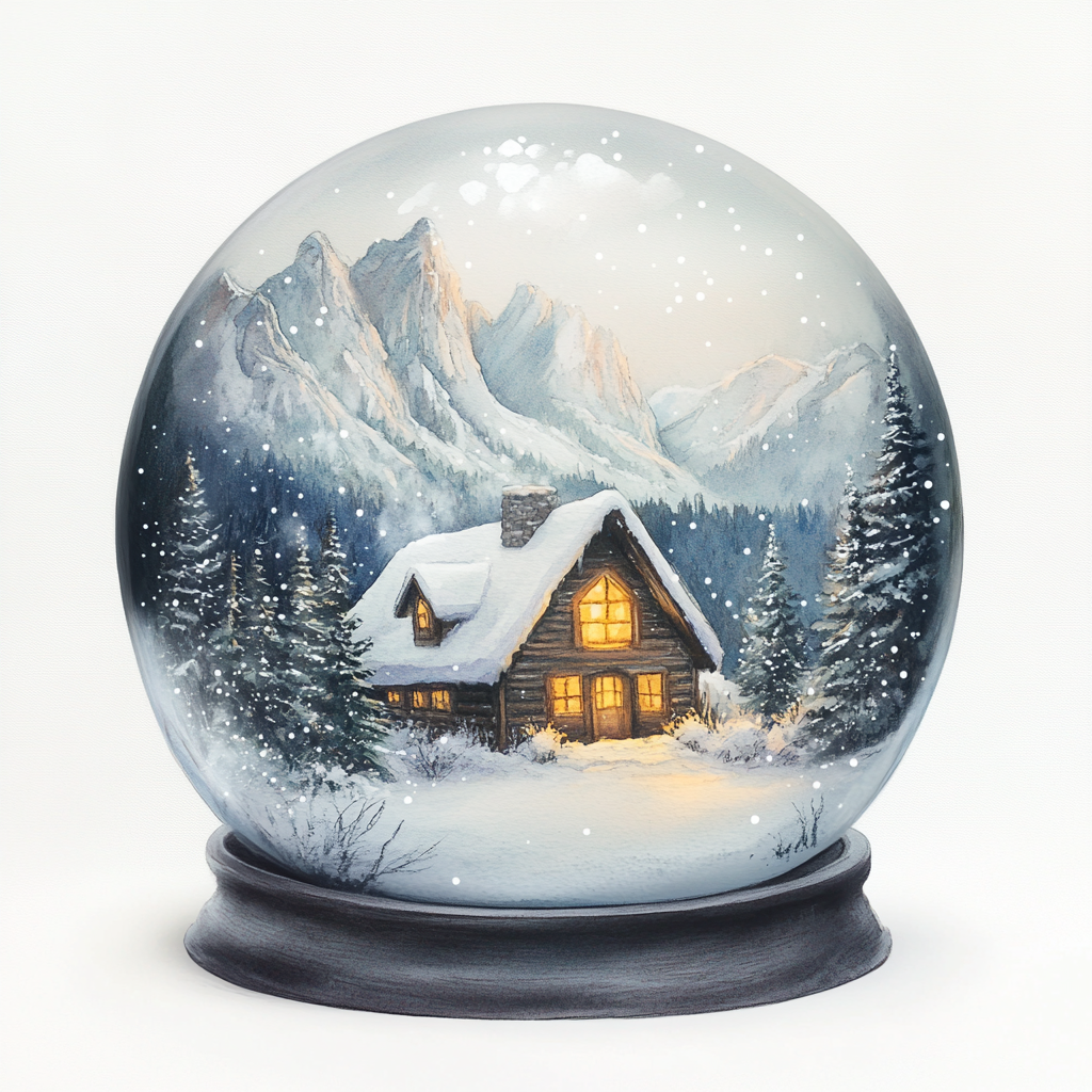 A cozy winter lodge in snow globe scenery