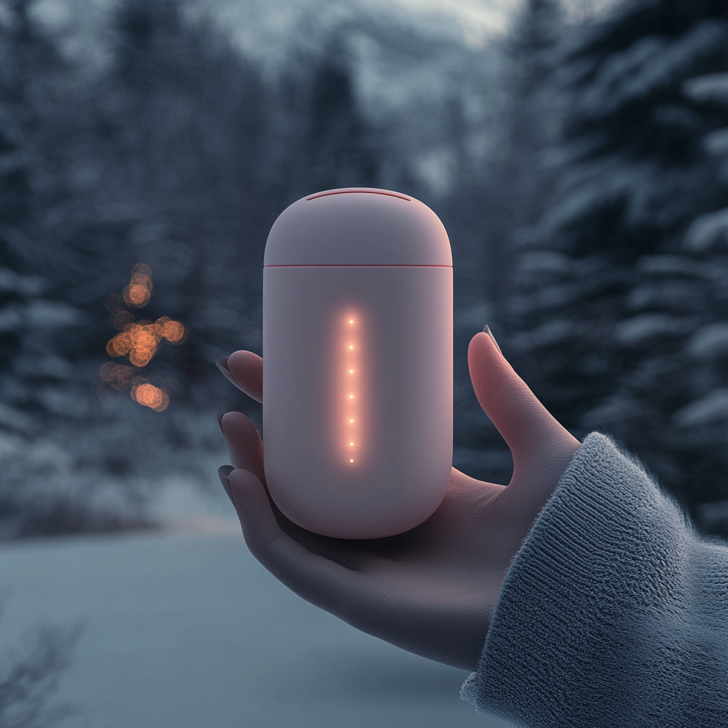 A cozy winter scene with a sleek hand warmer