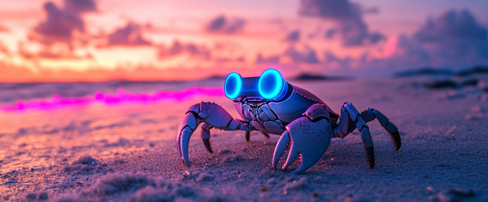 A crab using VR headset on beach at sunset