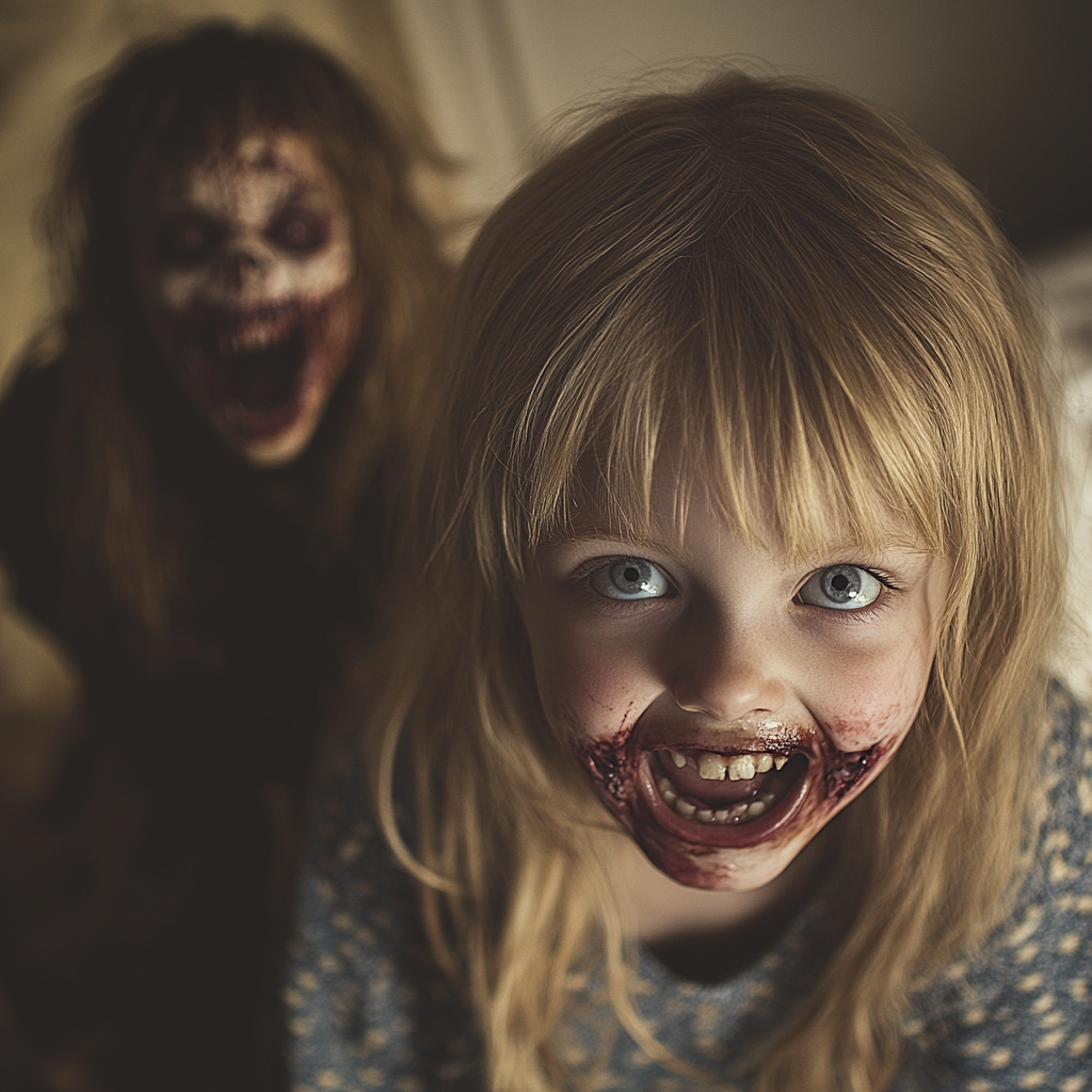 A creepy zombie with sharp teeth scares girl