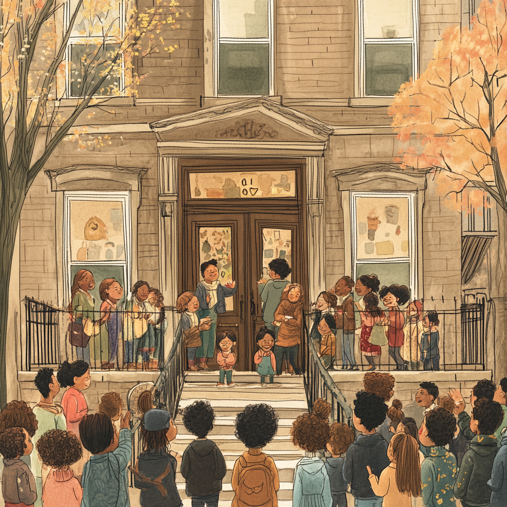 A crowded Brooklyn brownstone with joyful residents.