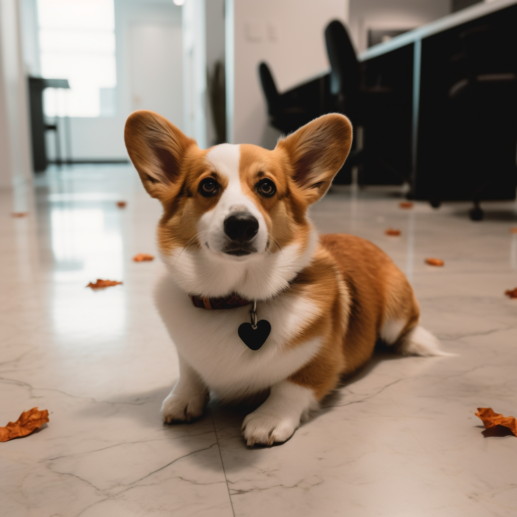 A curious Corgi in Halloween attire at work