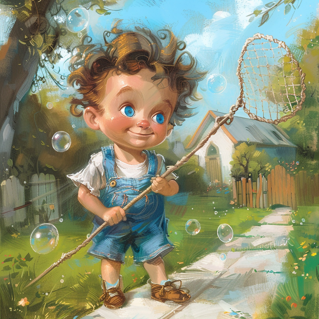 A curious boy hunts bubbles in his yard.