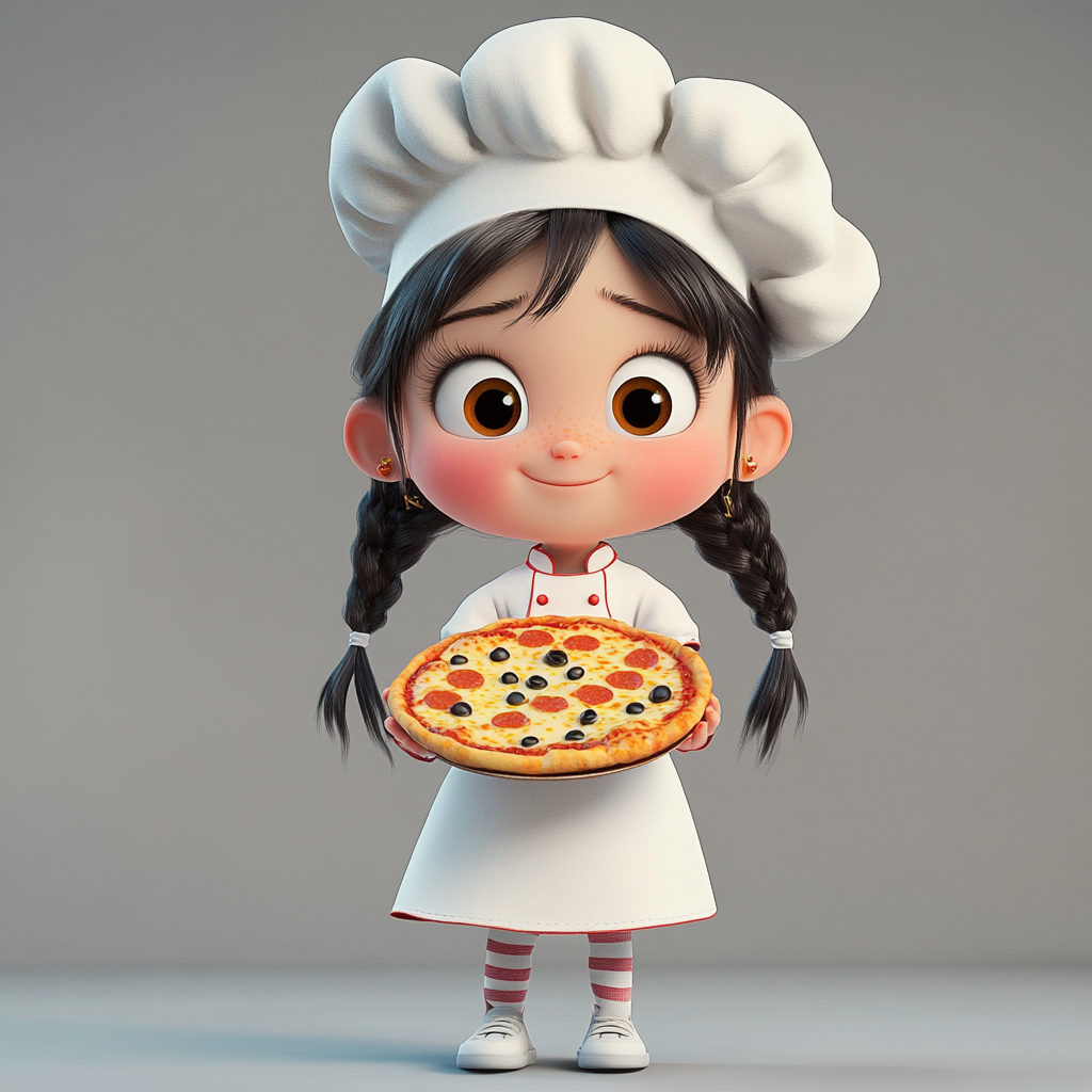 A cute 5-year-old chef girl holding a cheesy pizza