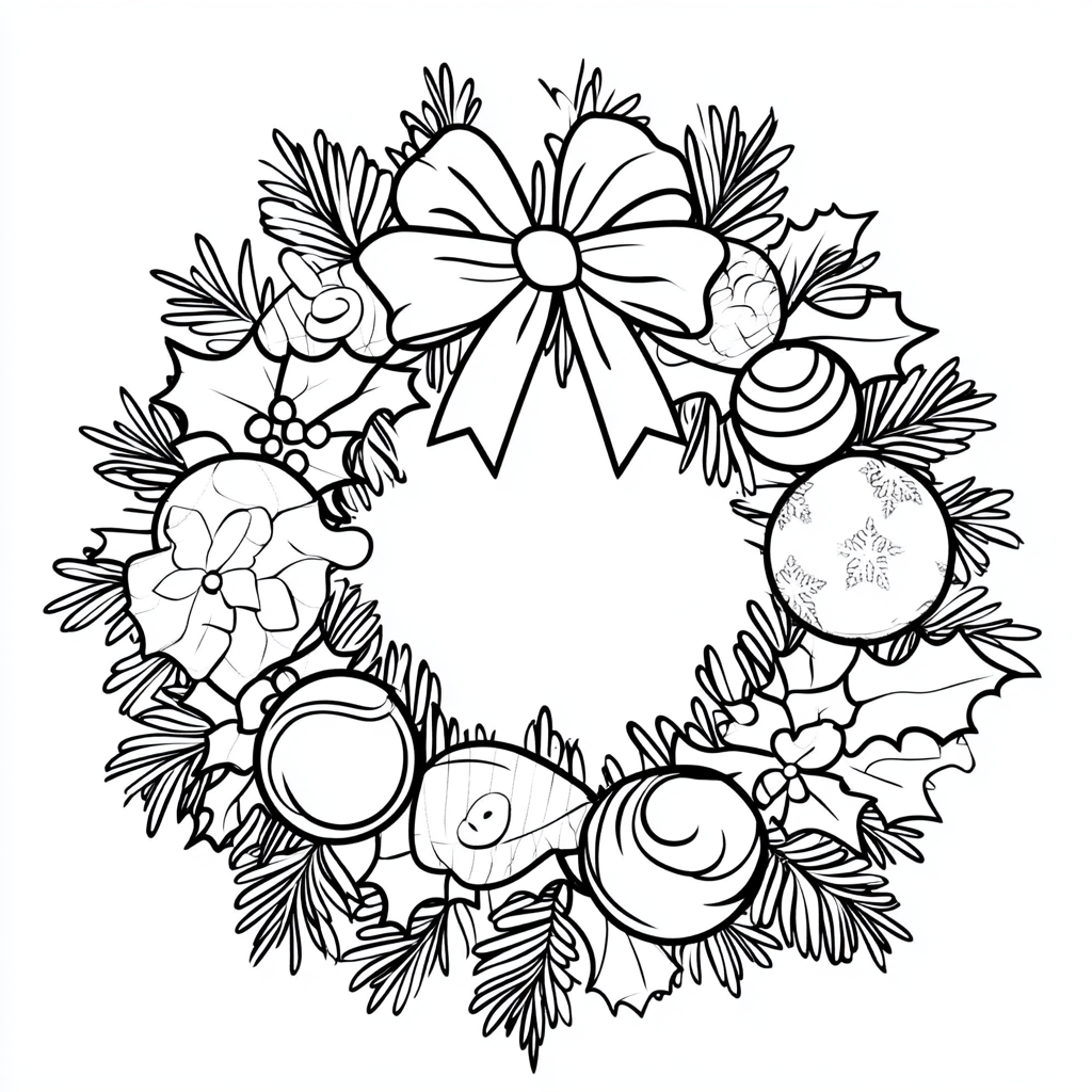 A cute Christmas wreath coloring page for kids