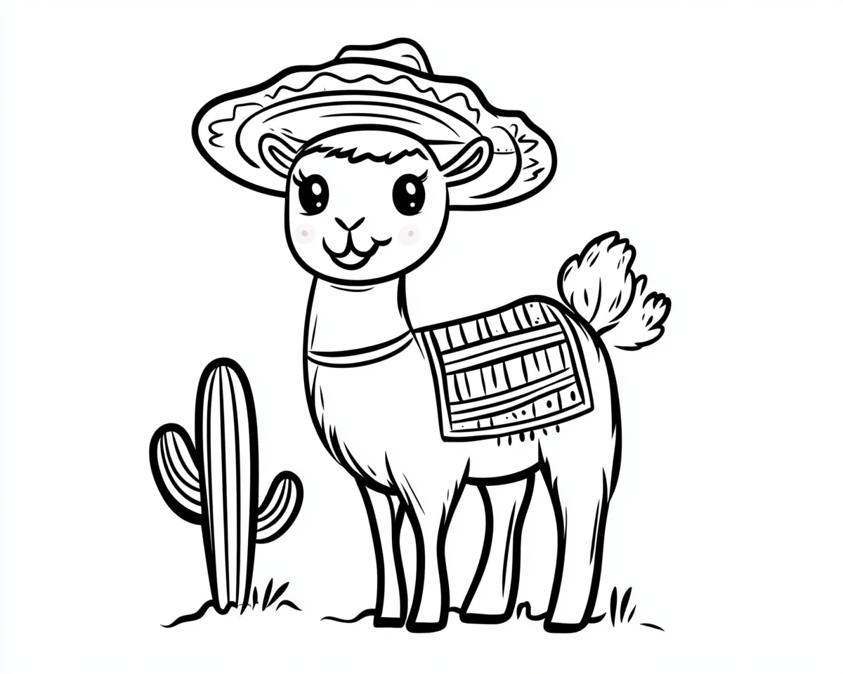 A cute Mexican llama with sombrero and cactus