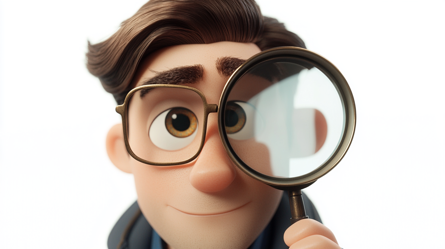 A cute airplane inspector looks through magnifying glass.