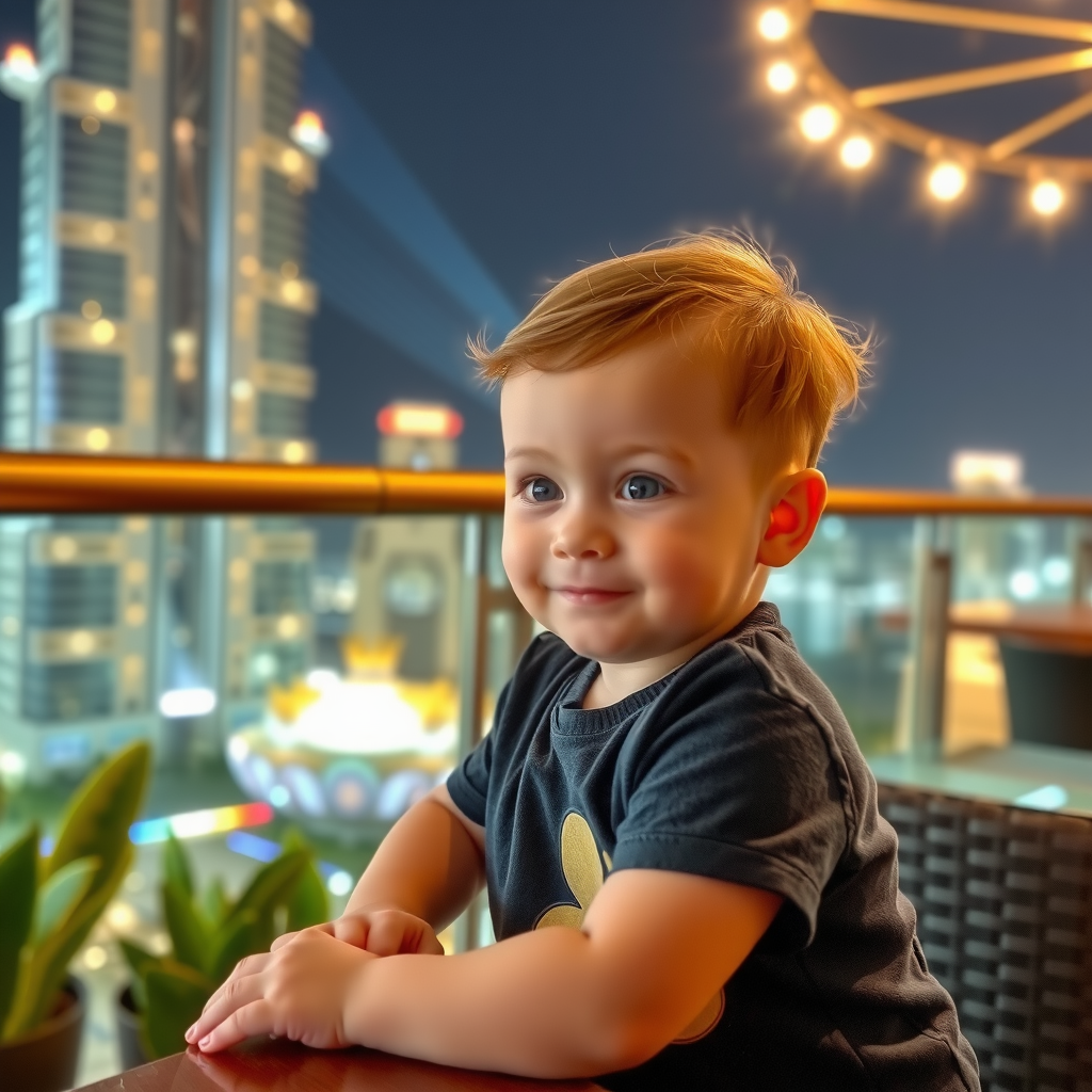 A cute baby boy sits outside a restaurant.