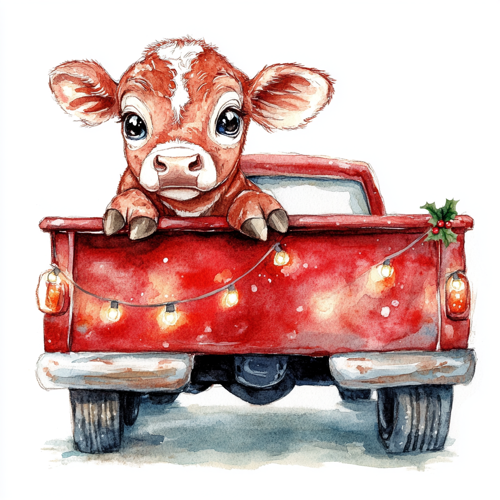 A cute baby cow in a red truck