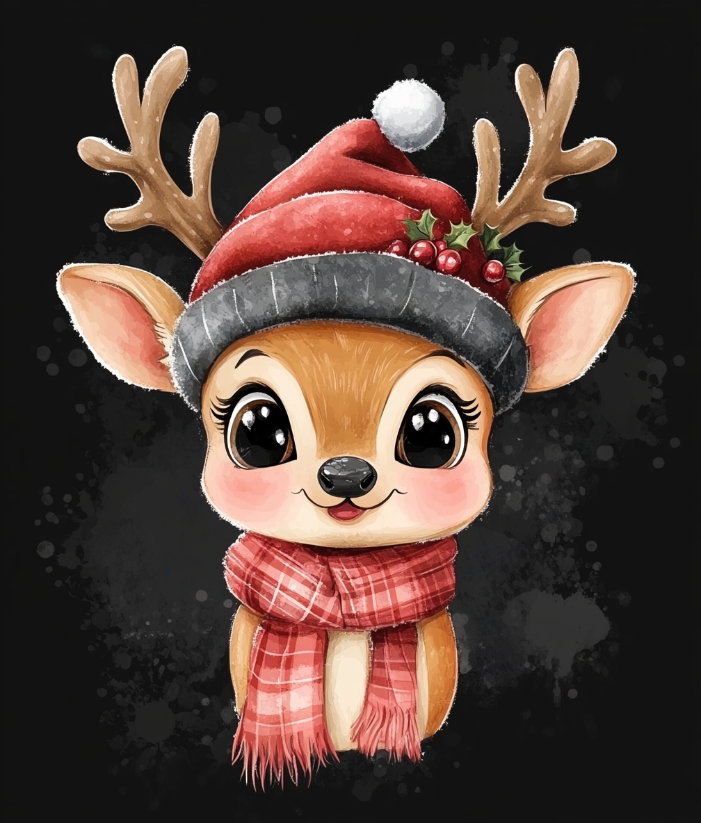 A cute baby reindeer in Christmas attire