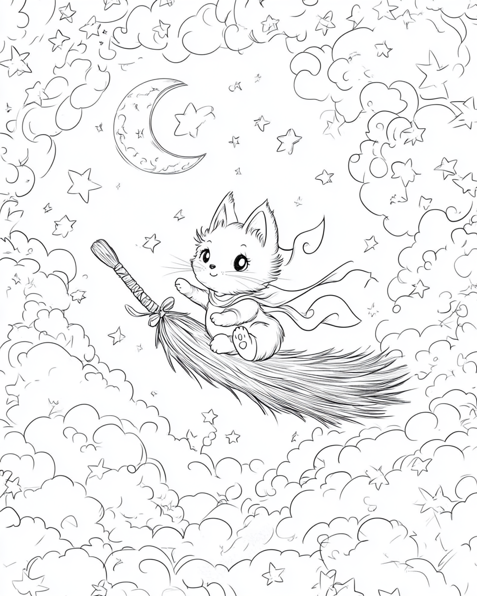 A cute cat flying on witch broom