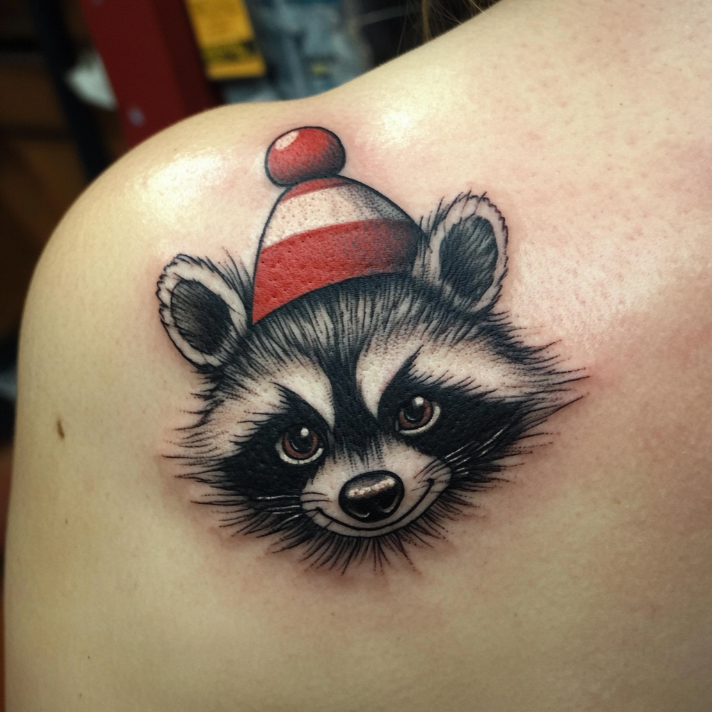 A cute clown raccoon tattoo on girl.