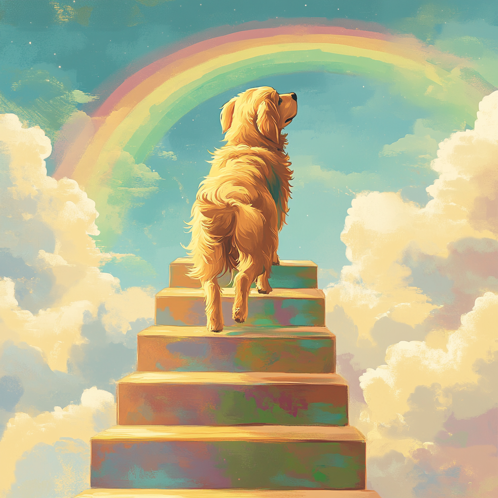 A cute dog climbing stairs to rainbow in sky.