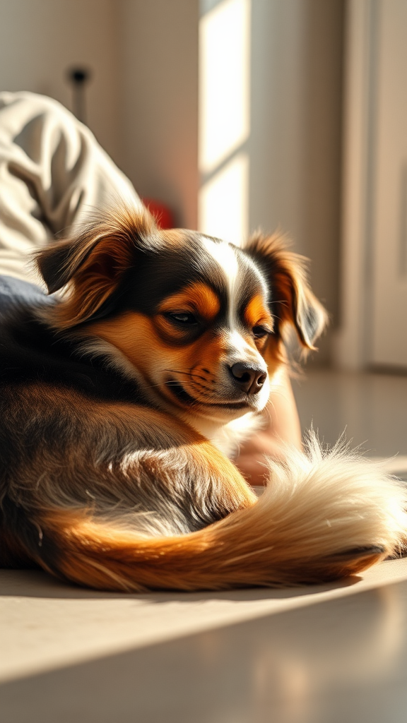 A cute dog napping with owner in cozy room.