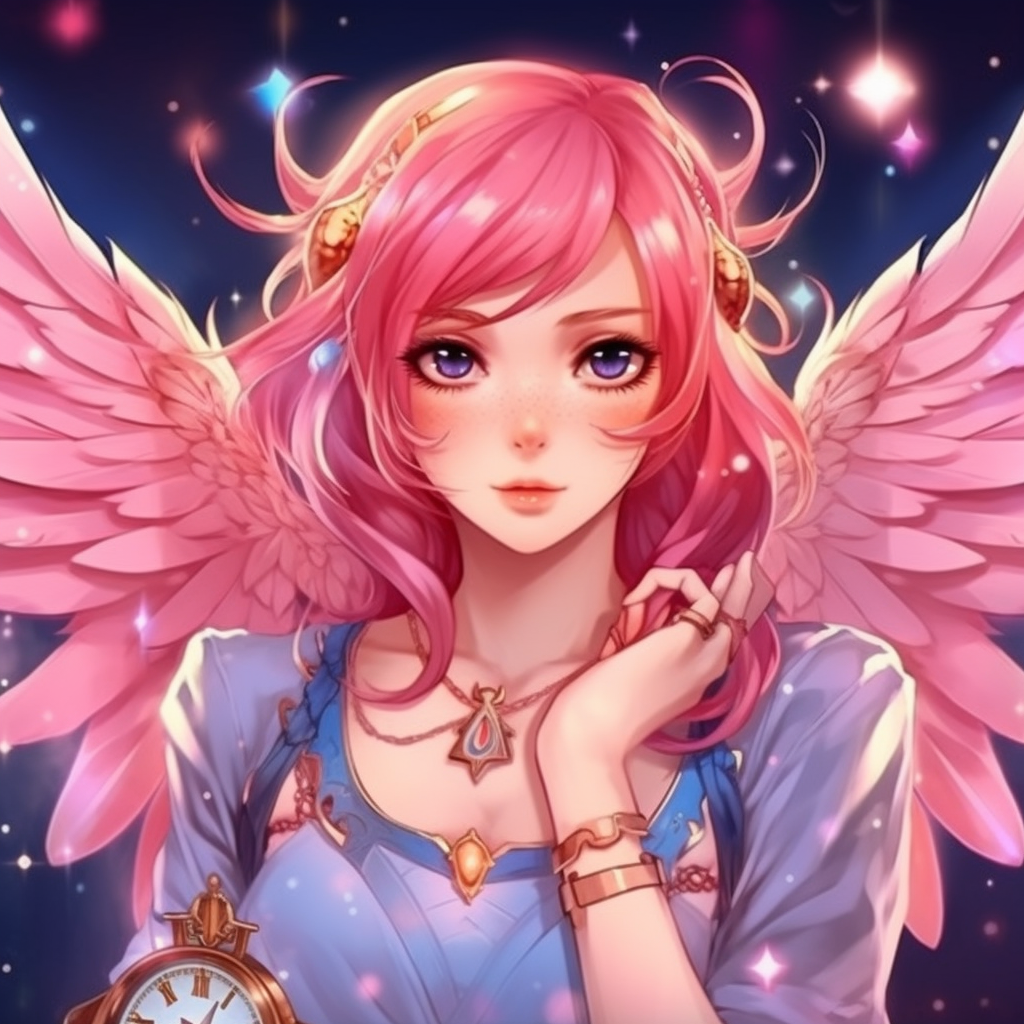 A cute fairy with colorful wings holding a watch