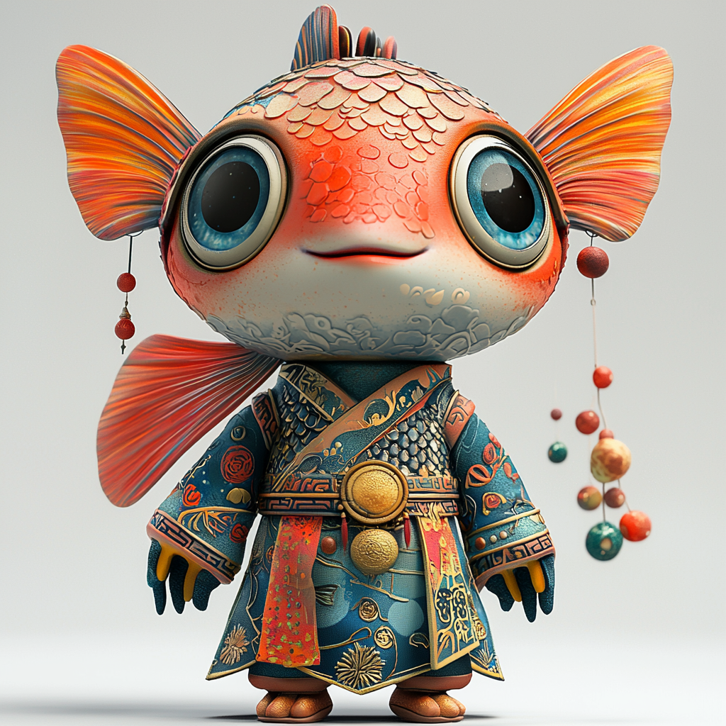 A cute fish-headed human in colorful Chinese style.