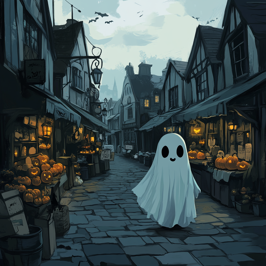 A cute ghost strolling through Victorian Halloween market.