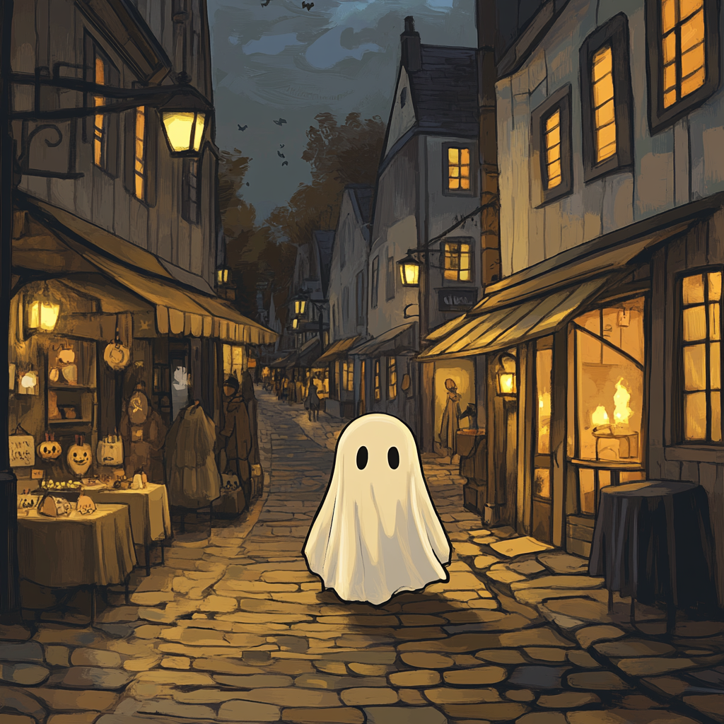 A cute ghost walks in spooky Victorian street.