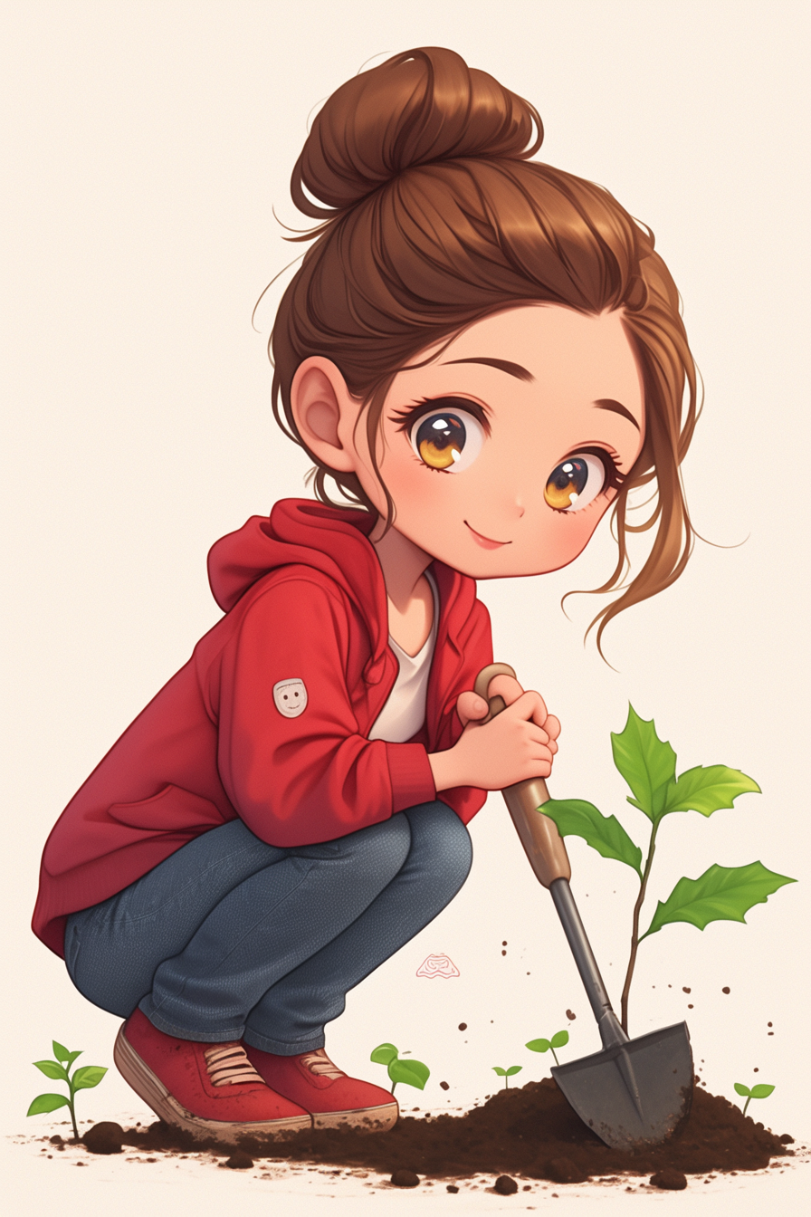 A cute girl planting young plants happily