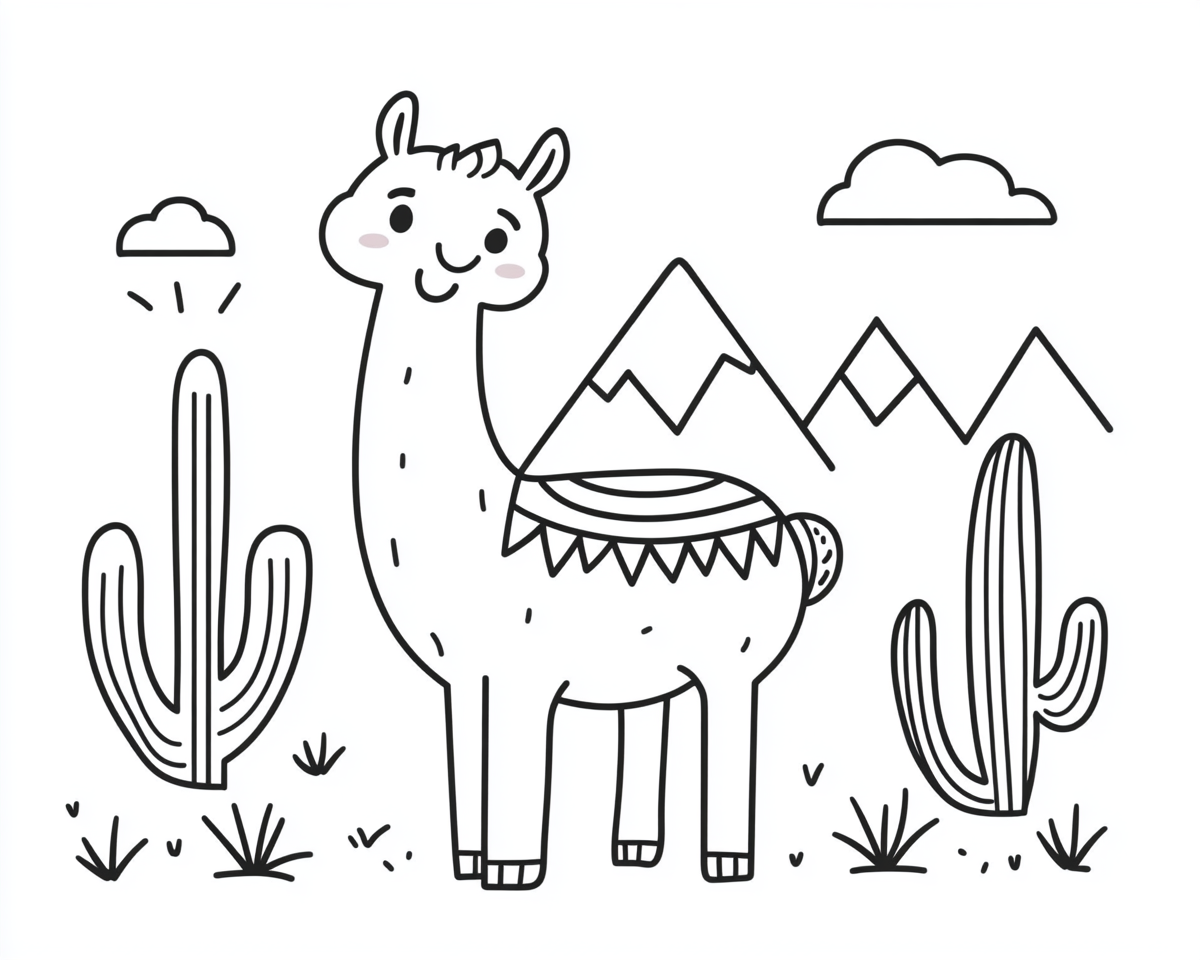 A cute llama in Mexican landscape coloring page