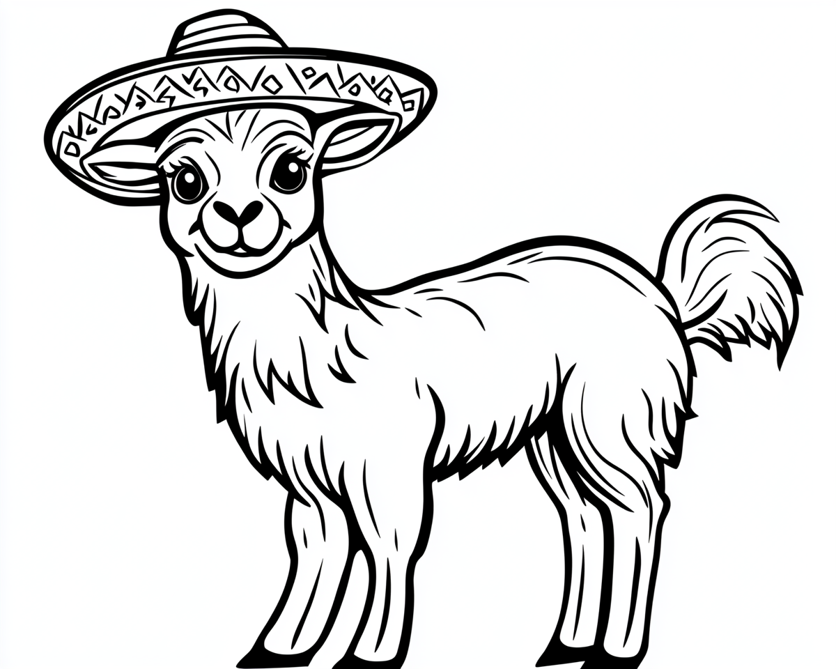 A cute llama with a sombrero coloring page