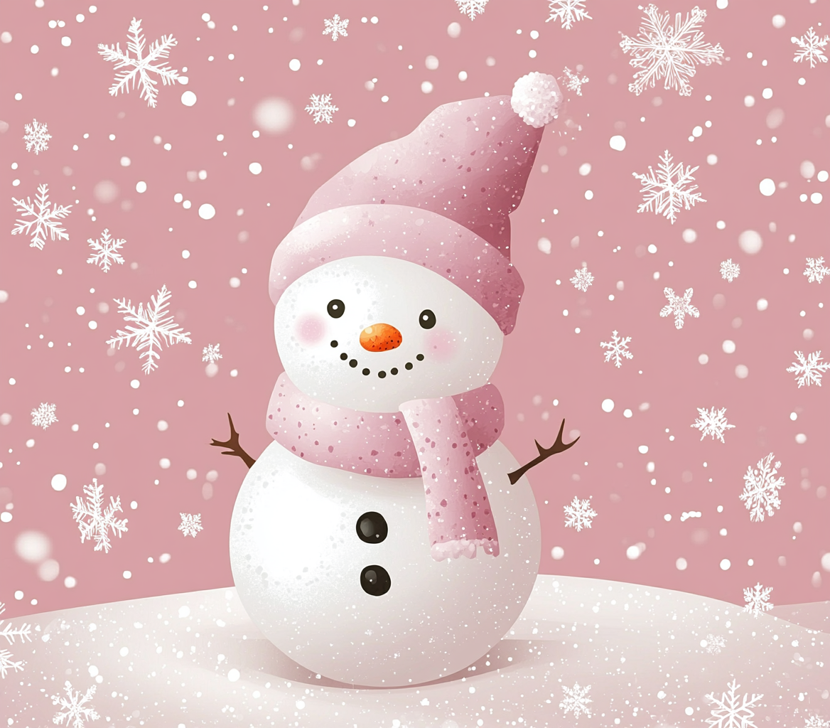 A cute pink snowman in a snowy background.