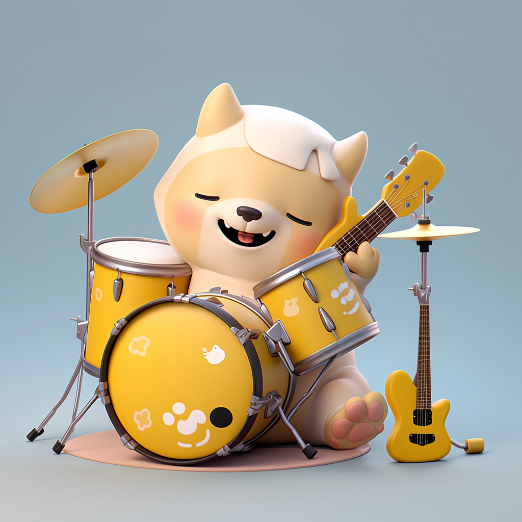 A cute rockstar drummer dog plushie in dynamic pose