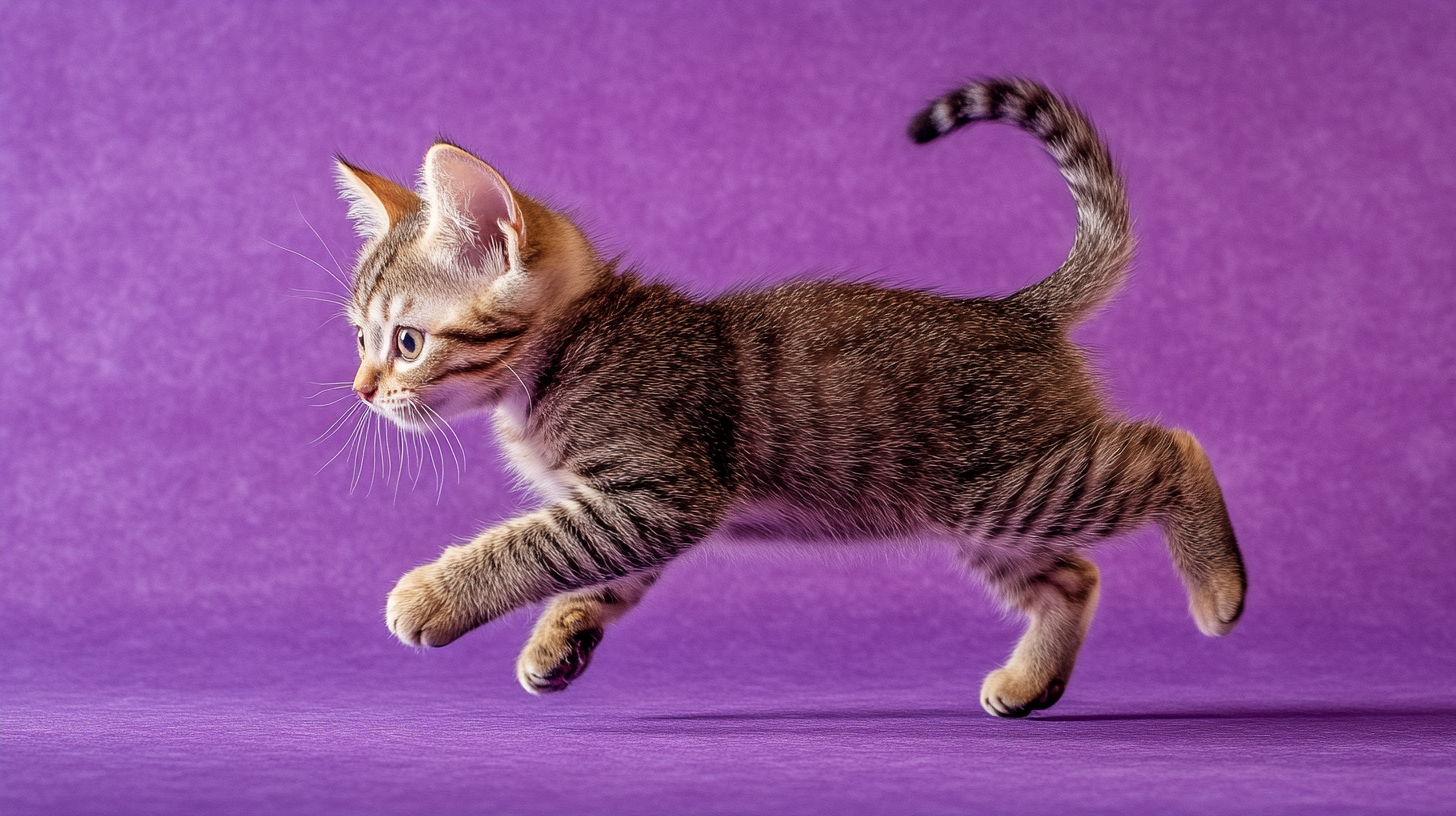 A cute tabby cat in mid-air. Magazine photo