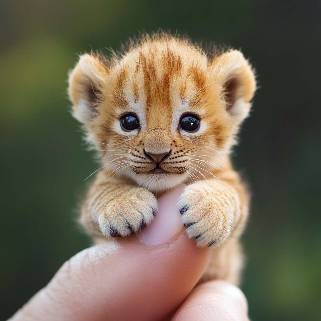 A cute tiny lion cub resting on finger