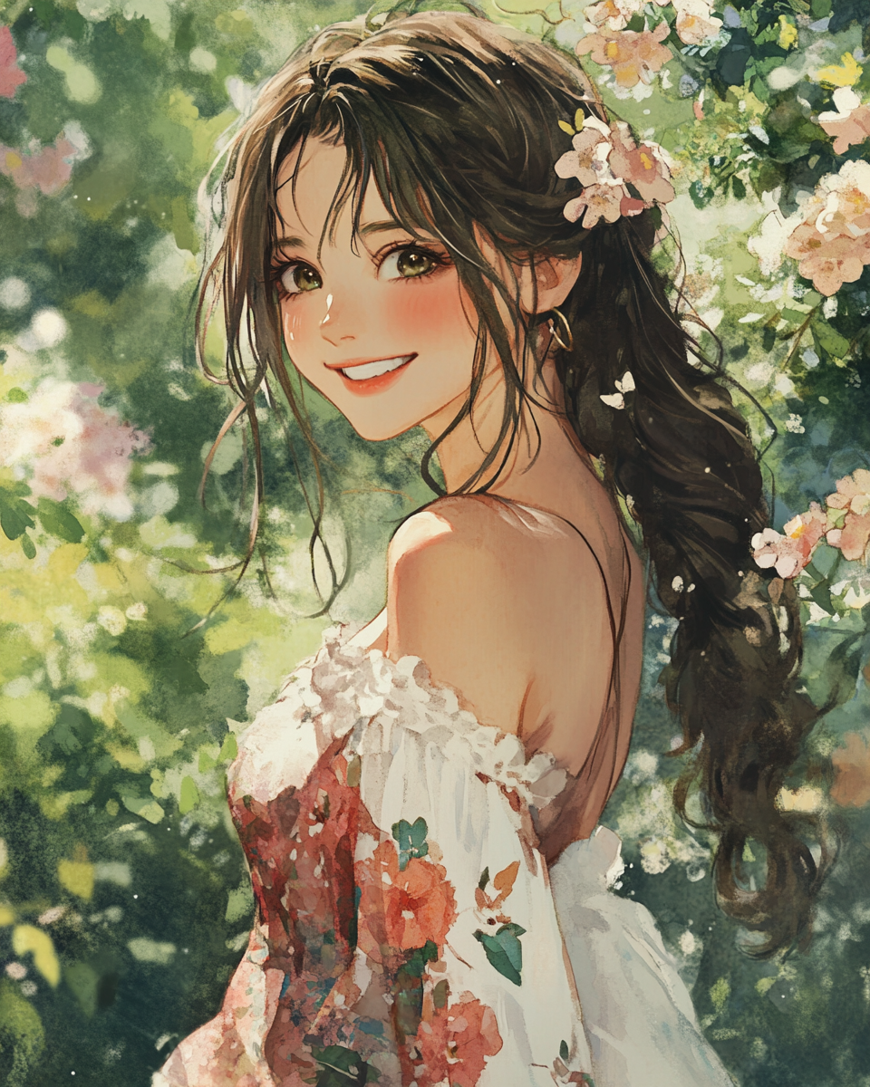 A cute woman smiling in floral dress illustration.