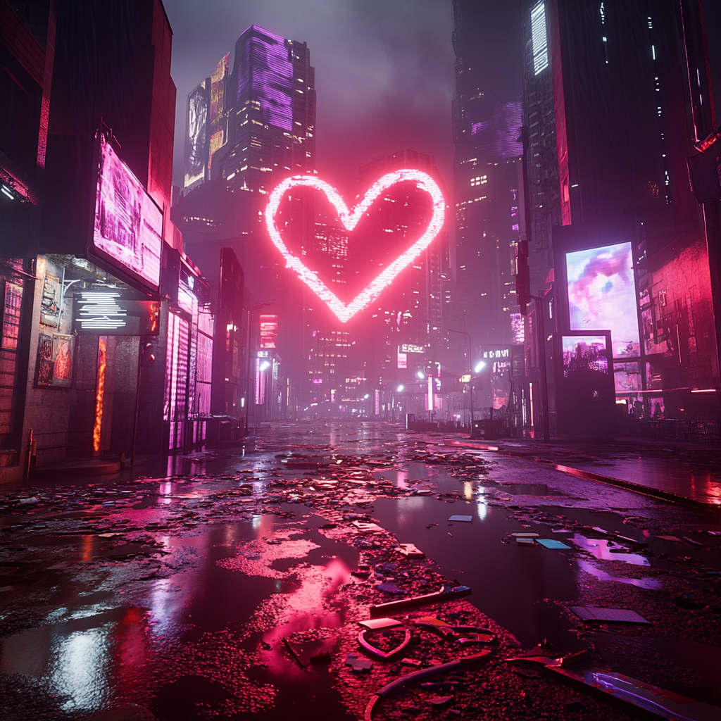 A cyberfuturistic city with broken heart neon lights