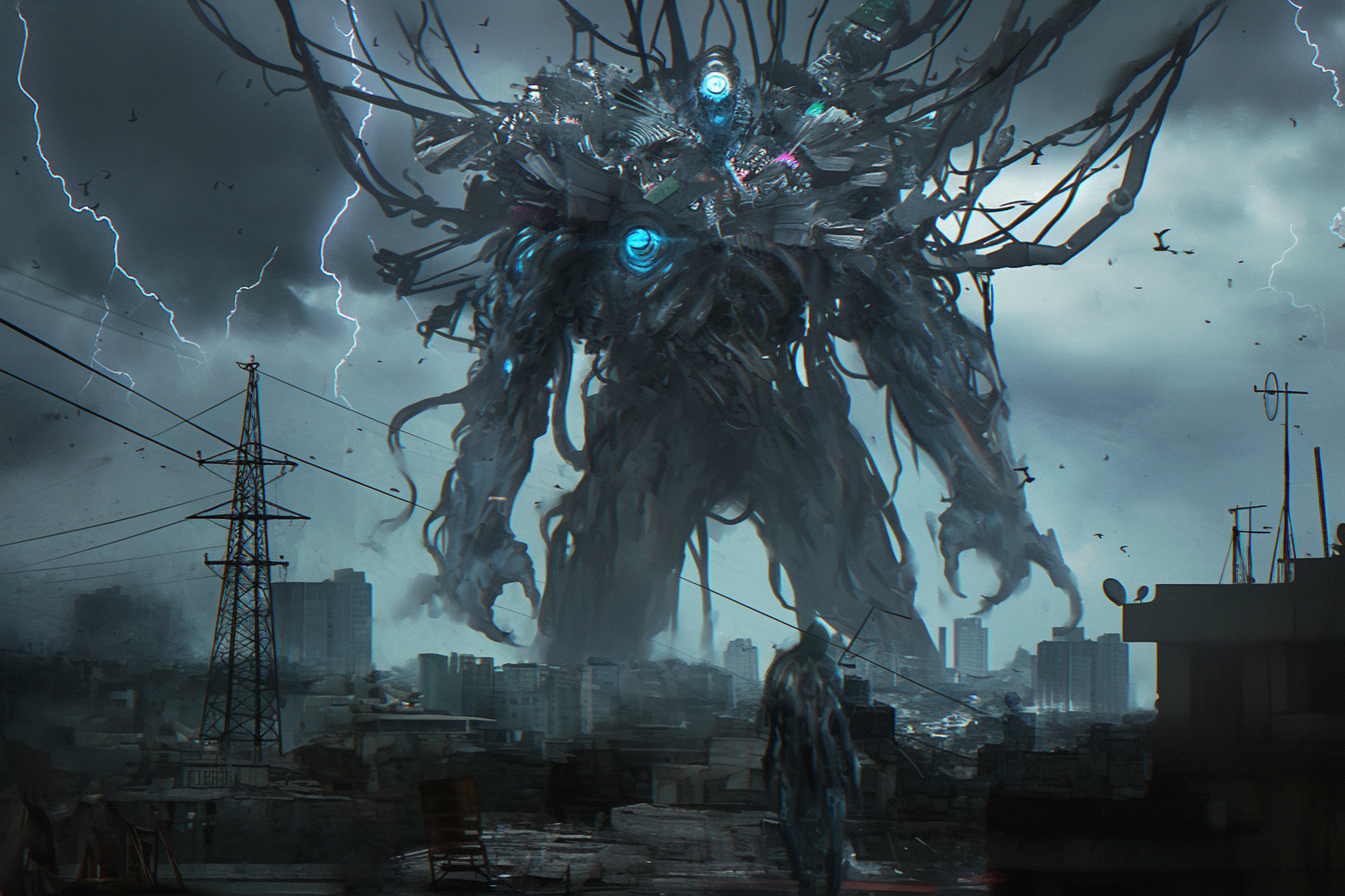 A cybernetic man made of wires and metal looming.