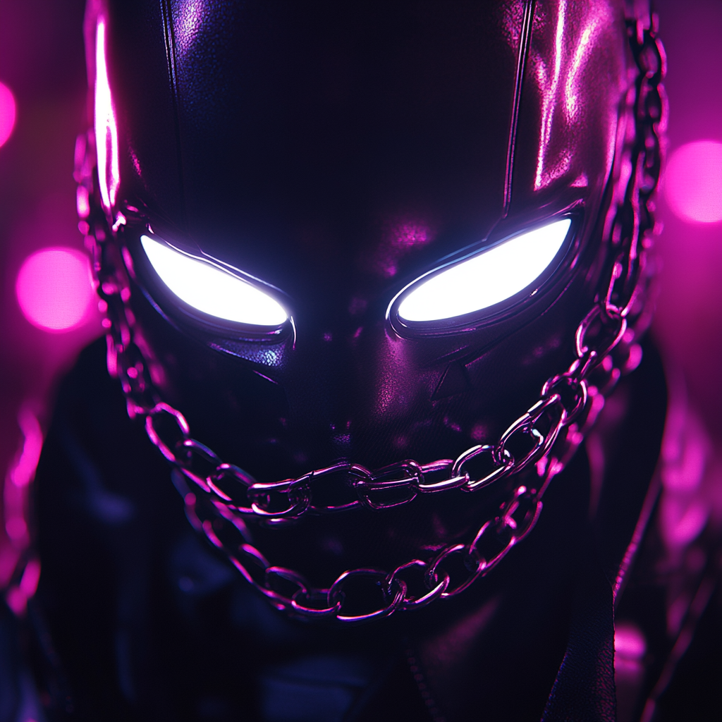 A cyberpunk character with glowing eyes and chains.