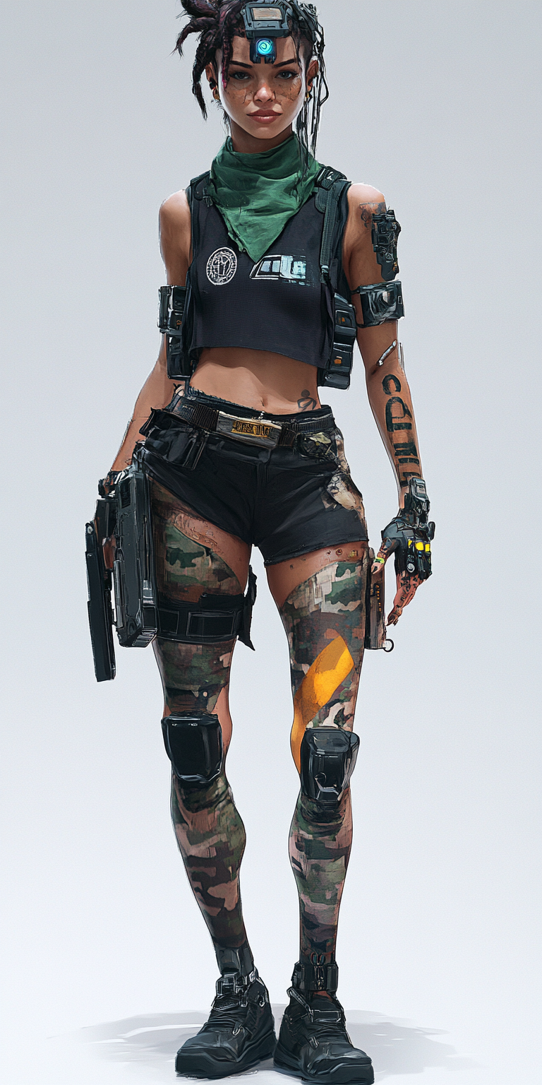 A cyborg gang member with camo plastic shin.