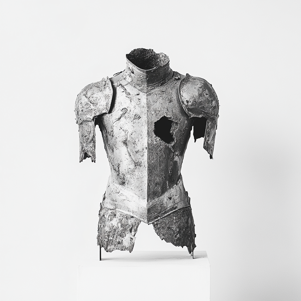 A damaged knight's armor on display gallery box