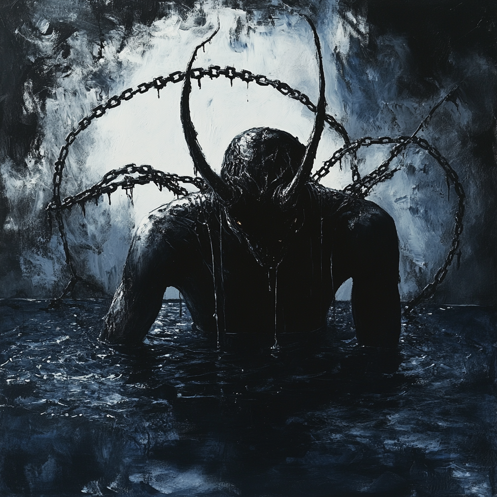 A dark, scary creature with chains in water.