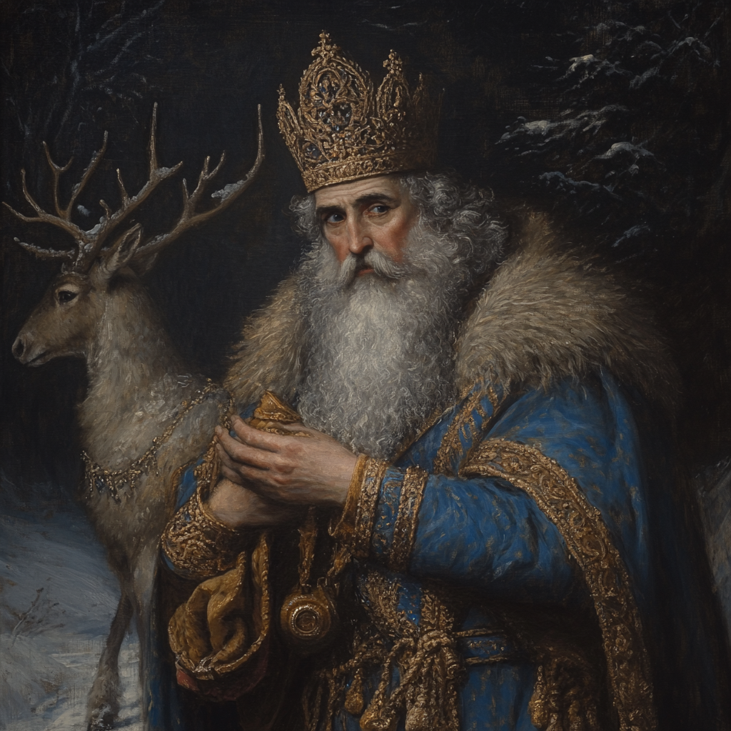 A dark baroque scene of Saint Nicholas in winter.