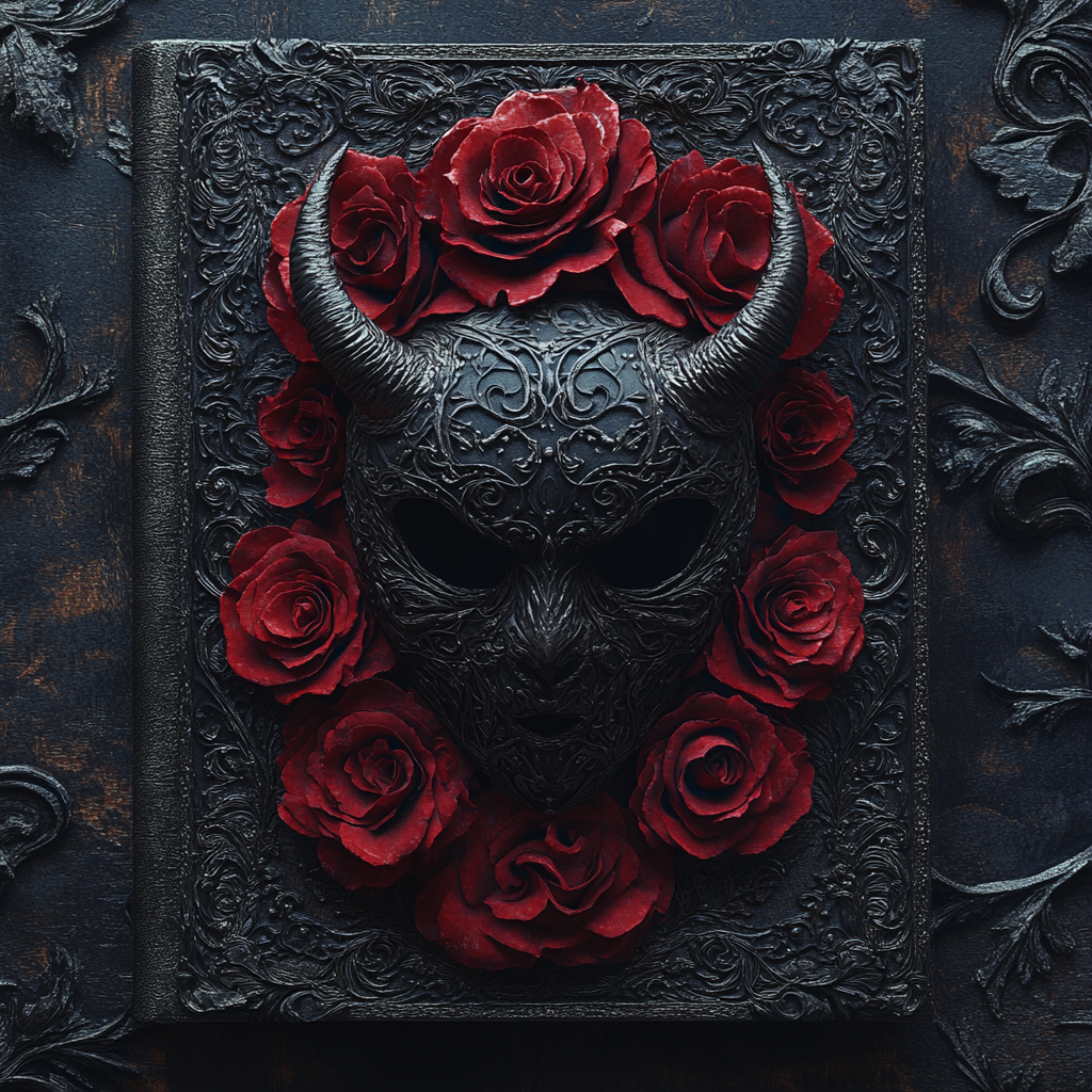 A dark book cover with red roses and devil.