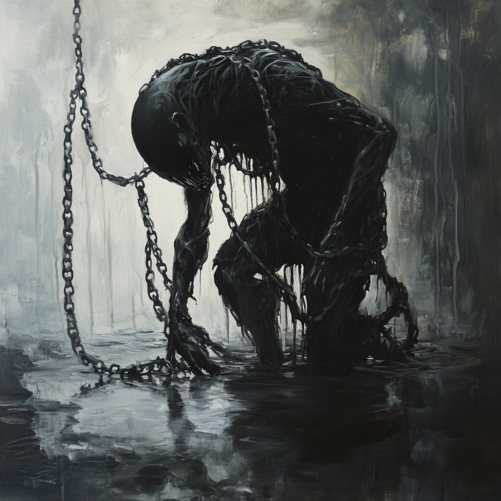 A dark demon with chains in misty water.