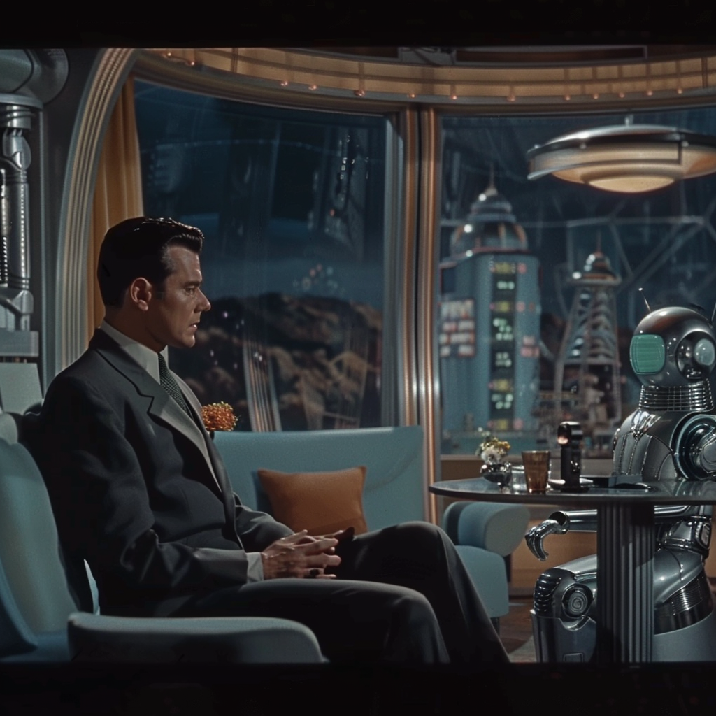 A dark-haired man talks to a 50's robot