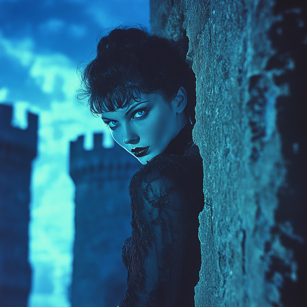 A dark-haired woman in black dress peering