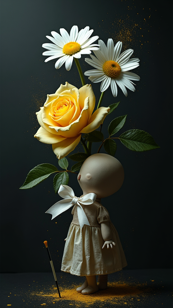 A dark image with daisy, yellow rose, broken doll