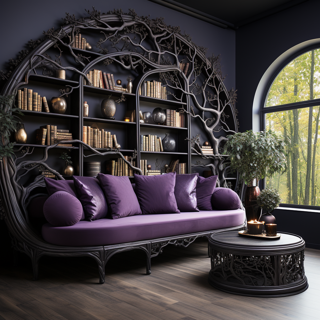 A dark room with tree-shaped bookshelves and books.