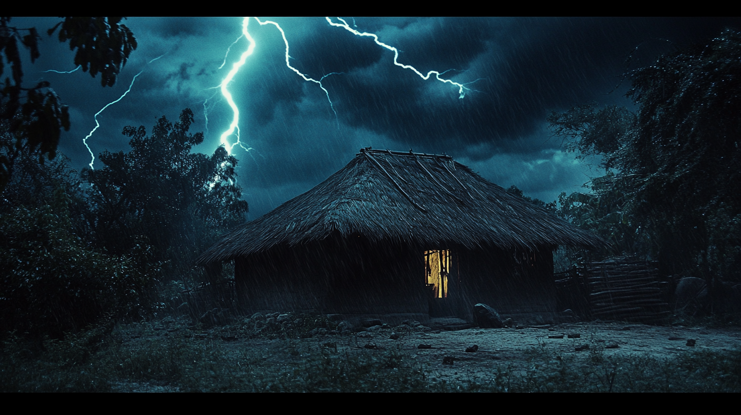 A dark village hut in African mythology