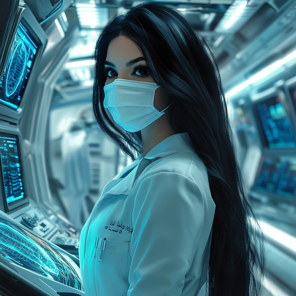 A dedicated doctor in a futuristic spaceship clinic